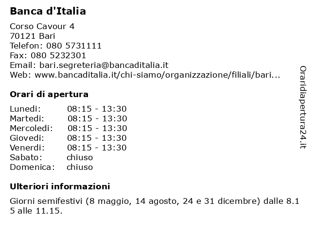 ᐅ Orari di apertura „Banca d'Italia" | Corso Cavour