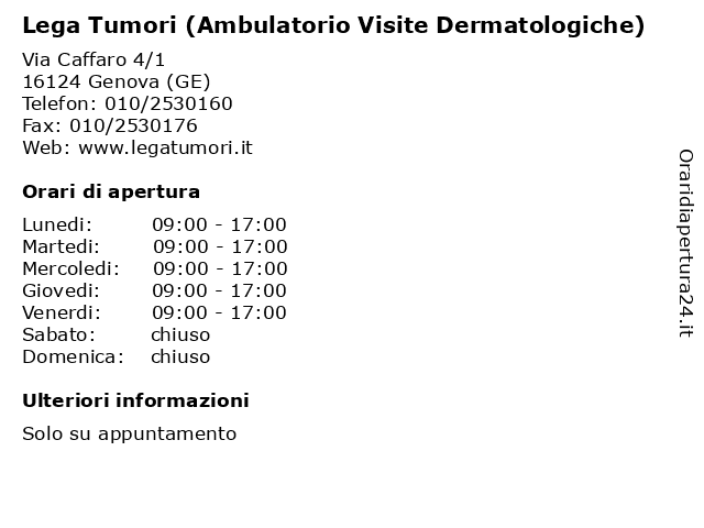 ᐅ Orari Lega Tumori Orario Ambulatorio Visite Dermatologiche Via Caffaro 4 1 Genova Ge