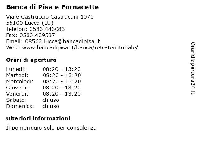 á… Orari Di Apertura Bcc For Web Banca Di Pisa E Fornacette Credito Cooperativo Viale Castruccio Castracani