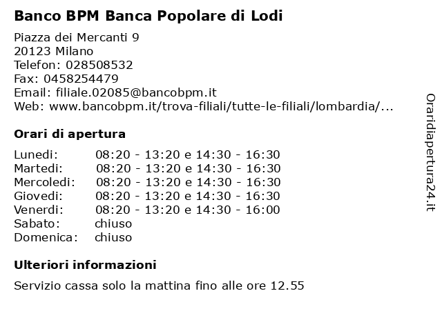 ᐅ Orari di apertura „Banco BPM Banca Popolare di Milano ...