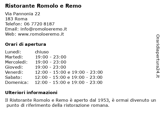 ᐅ Orari Romolo E Remo Ristorante E Pizzeria Via Pannonia 22 26 001 Roma