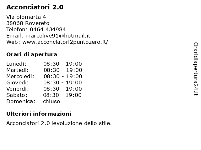 ᐅ Orari Acconciatori 2.0 | Via piomarta 4, 38068 Rovereto