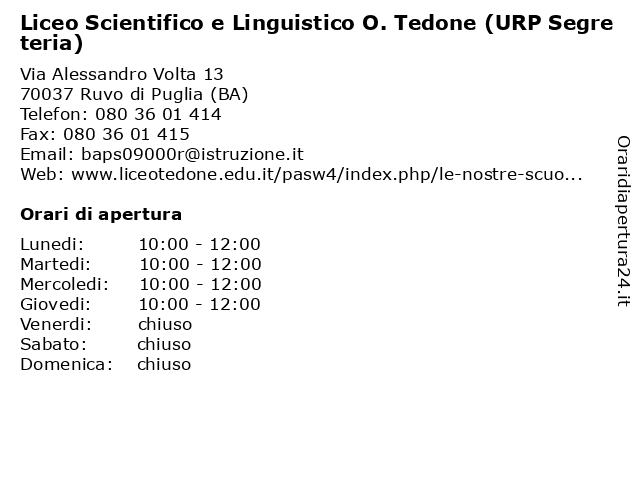 ᐅ orari di apertura liceo scientifico e linguistico o tedone urp segreteria via alessandro volta