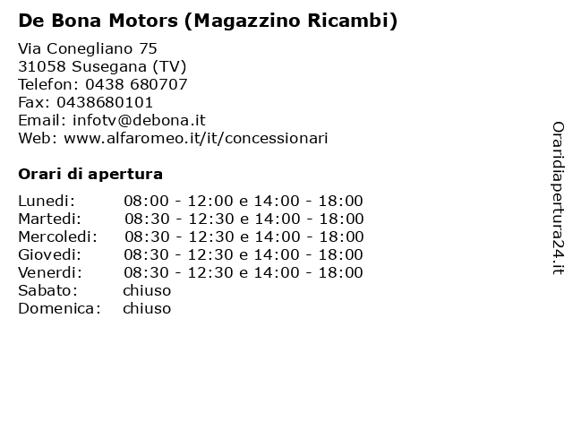 Á Orari De Bona Motors Magazzino Ricambi Via Conegliano 75 31058 Susegana Tv