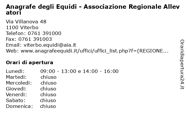 ᐅ Orari di apertura „Anagrafe degli Equidi - Associazione